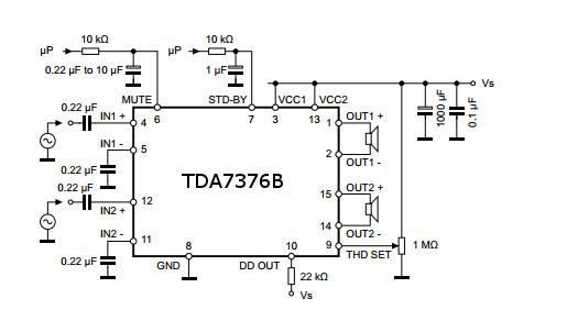 TDA7376B принципиальная схема включения с одиночными входами