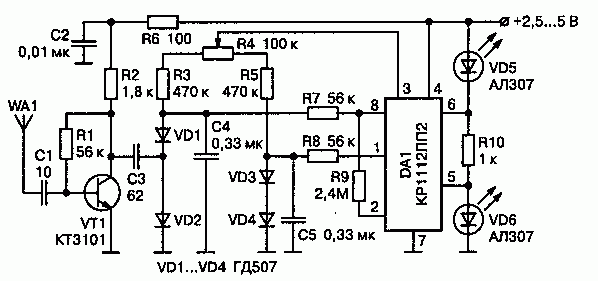Схема простого детектора радиопередатчиков со светодиодной индикацией
